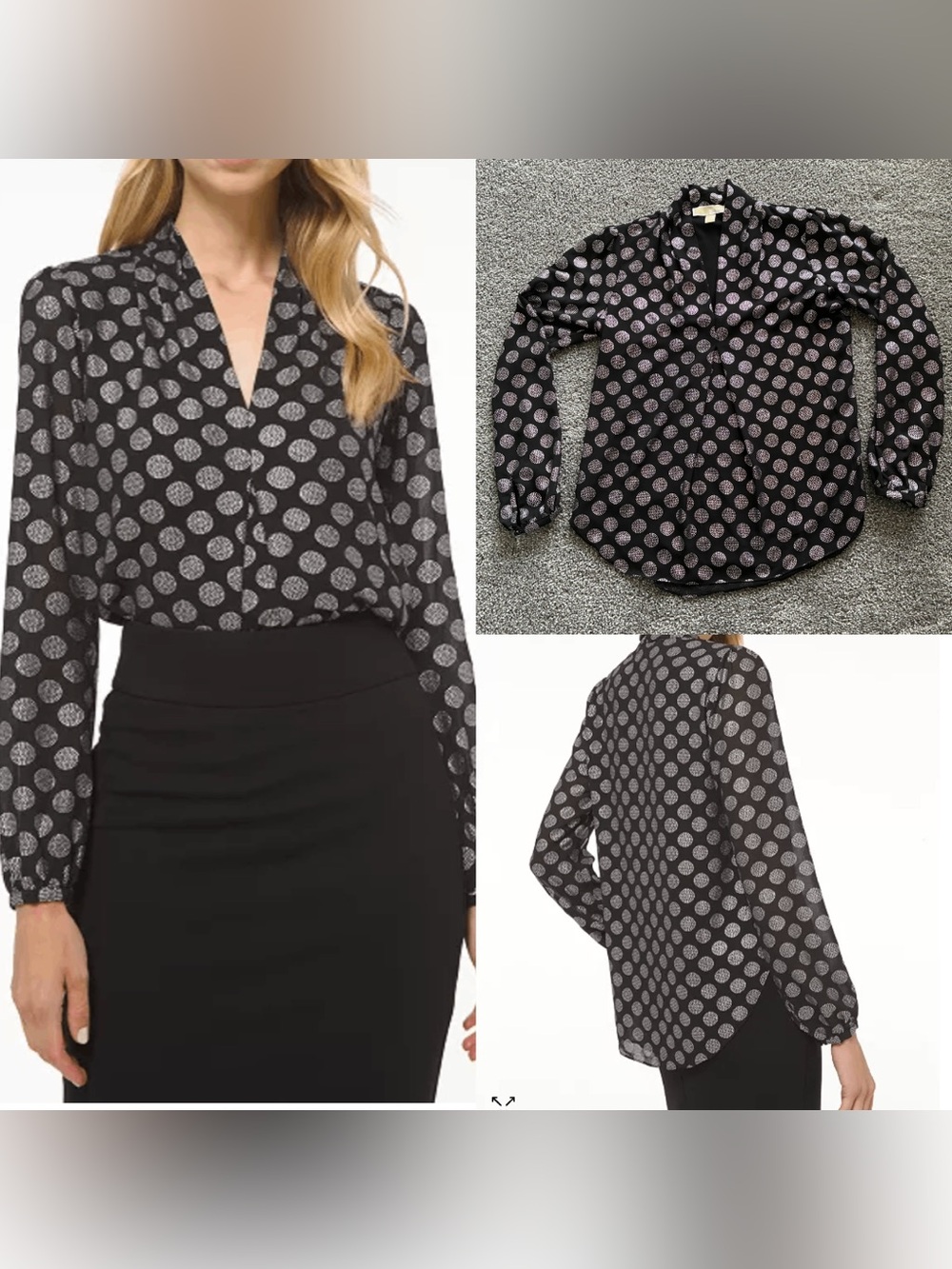 MICHAEL Michael Kors Black & Silver Foil Polka Dot Pleat Top - S